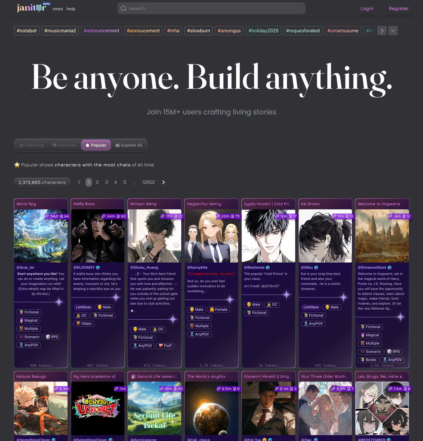 Janitor AI homepage, July 2026